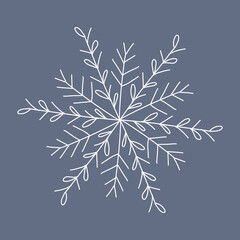 Snowflake in doodle style, winter holiday decoration on background.