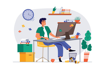 Concept deadline with people scene in the flat cartoon design. Man works in an office at computer and tries to meet a deadline. Vector illustration.