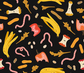 Fototapeta na wymiar Seamless pattern of organic garbage, and worms. Waste of fruits, vegetables, greens, and nuts. Ecological recycling, responsible consumption. Organic waste for domestic composting.
