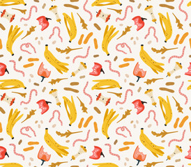 Seamless pattern of organic garbage, and worms. Waste of fruits, vegetables, greens, and nuts. Ecological recycling, responsible consumption. Organic waste for domestic composting.