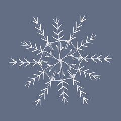 Snowflake in doodle style, winter holiday decoration on background.