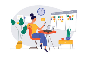 Concept time management with people scene in the flat cartoon design. Woman plans her time for a work and personal affairs. Vector illustration.