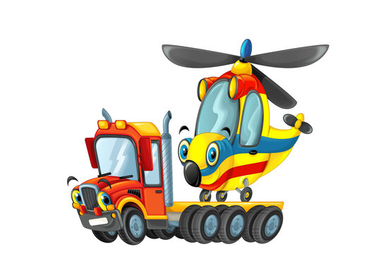 Happy Cartoon Tow Truck Driver Vehicle Helicopter