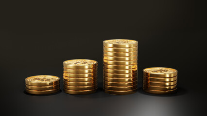 A Lot Of Bitcoin Crypto currency Gold Bitcoin BTC Bit Coin. Close up shot of Bitcoin coins isolated on black background Blockchain technology, bitcoin mining concept. 3d rendering