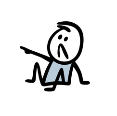 Funny character hand drawn in childish style fall down and pointing with finger above.