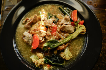 Stir Fried Noodles with Pork and Kale in Gravy  Chinese food and Thai food called  