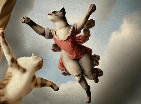 Dancing in the clouds. Flying Cat baroque art. Floating series. Oil digital painting. Anthropomorphic drawings.