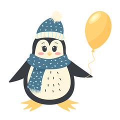Cute funny penguin in a winter hat and scarf holding a balloon. Antarctic bird, cartoon character isolated on white background.