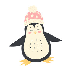 Cute funny penguin in a pink winter hat. Antarctic bird, cartoon character isolated on white background.