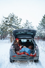 Young woman sitting on car trunk, sending messages via mobile, communicating business comfortably in sunny winter forest. Technology, travel, lifestyle concept.