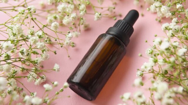 Brown glass dropper bottle with dry plants on pink background. Skincare products , natural cosmetic.