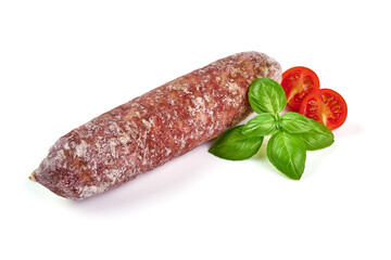 Cured salami sausage, Italian sausage with mold, isolated on white background.