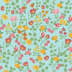Busy, ditsy, seamless, print, floral pattern, hand drawn motifs with colorful, random, fading doodle flowers, stems, petals and leaves, for fabric, fashion and textiles