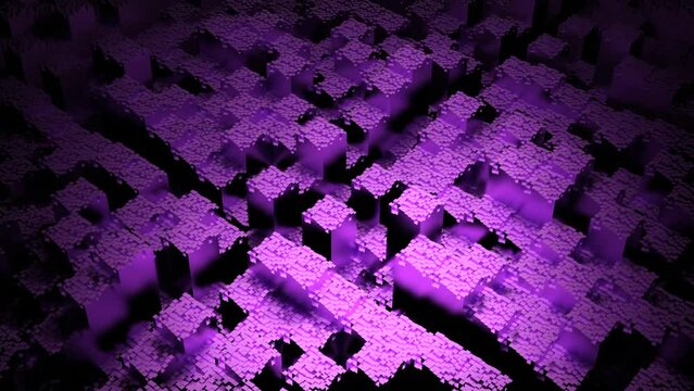 Background with moving stream of 3d squares. Design. Surfaces with moving sliding squares. Abstract background of moving stream of square columns