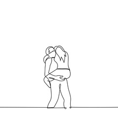 woman jumped on a man and he is holding her - one line drawing vector. concept long-awaited meeting of missed lovers or family members