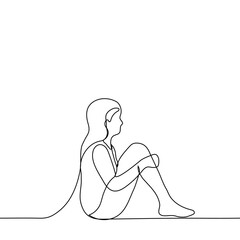 woman sitting on the floor hugging her knees - one line drawing vector. concept of loneliness, sadness, melancholy, depression
