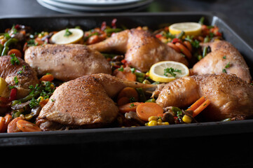 Roasted chicken legs with french vegetable mix on a baking tray