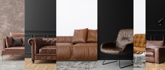 Horizontal collage with brown leather sofas and armchairs in contemporary interior. Modern, stylish, high quality leather furniture. Natural material. Furniture manufacture or store. 3D rendering.