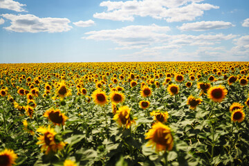 Obraz premium Sunflower field with cloudy blue sky. Closeup of sunflower on farm. Rural landscape.