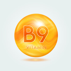 Vitamin B9 capsule orange golden. Beauty nutrition skincare. Vitamins complex isolated on gray background. For product design. Medical and scientific concepts. Icon 3D Vector EPS10.