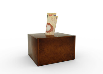 Costa Rican colon notes inside wooden savings box. Generic savings Bank, Penny Bank, Money Box. 3d rendering