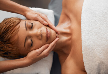 Top view, hands and facial massage at spa for beauty, treatment or relax. Face, skincare and...