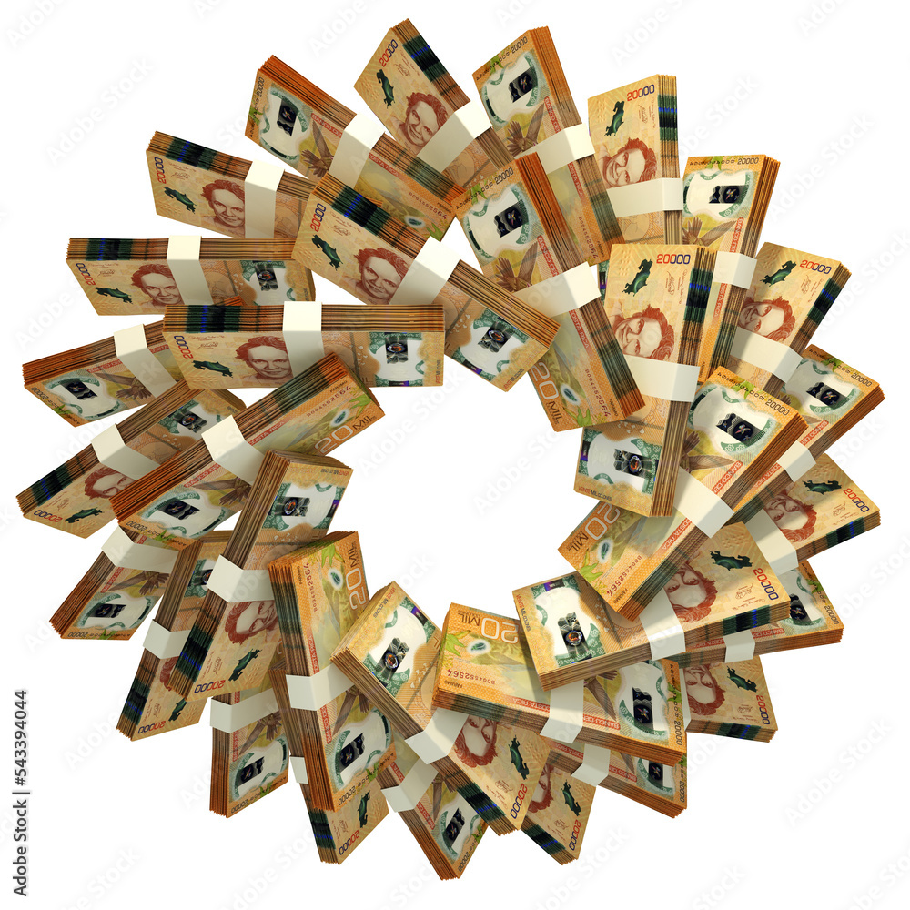 Poster 3d rendering of stacks of costa rican colon arranged in a circular pattern.