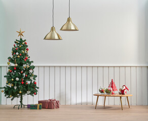 White and green wall background, middle table, gold lamp and Christmas tree style, happy new year room concept.