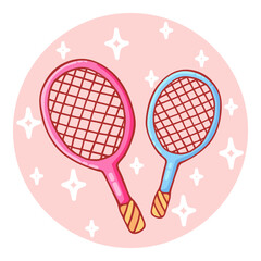 Cute hand-drawn badminton or tennis rackets in doodle cartoon style. Round composition in neutral candy colors. Kawaii element for card, social media banner, sticker, kids playroom decor. Vector