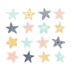 Obraz premium Set of various hand drawn cute colorful stars decorated with waves, smiling face, stripes, dots, circles. Star shapes illustration for design. Isolated on white background