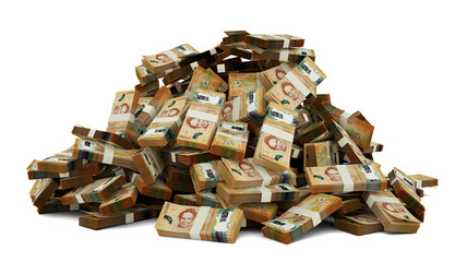 Big pile of Costa rican colon notes a lot of money over white background. 3d rendering of bundles of cash
