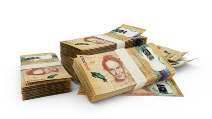 3D Stacks of Costa rican colon notes isolated on white background 