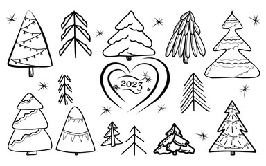 Set with Christmas trees in doodle style.