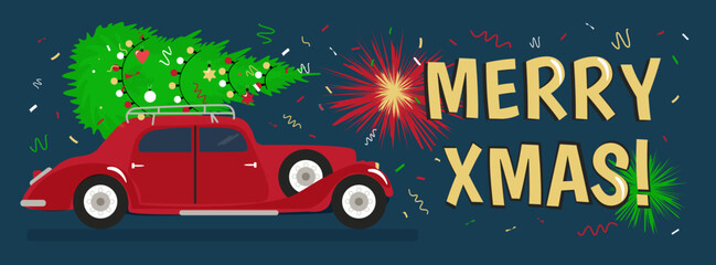 Merry Christmas stylized typography. Red Vintage car with christmas tree.  Bright fireworks on the background. Inspiration Merry xmas! Vector flat style banner.