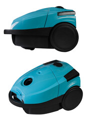 turquoise plastic vacuum cleaner isolated on transparent background front view side view