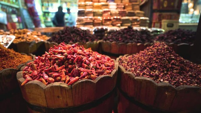 close up of spices in local traditional market on the street of el cairo egypt 