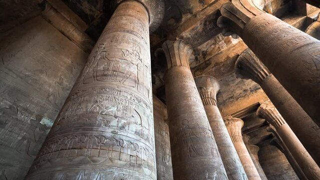 detailed panoramic of kom ombo temple in egypt carved hieroglyphic on stone 