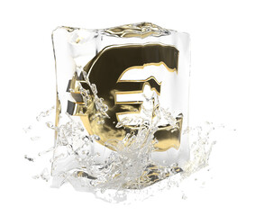 Euro money sign in cube of melting ice and drop water on isolated background. Idea for winter splash business banner. 