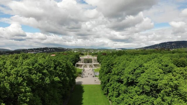 Aerial: Frogner Park in Oslo, Norway. Vigeland park. Vigelandsanlegget