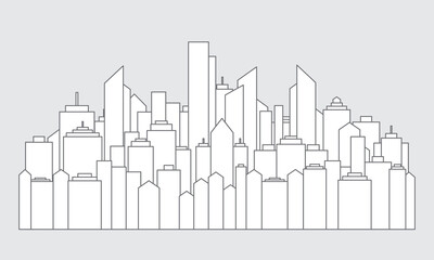 Flat urban cityscape. Downtown landscape with high skyscrapers. Silhouette, architecture abstract panorama isolated outline. Great city map creator. Vector illustration.