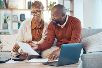Documents, laptop and couple working on financial budget, savings strategy or payment of bank account bills. Finance review, black woman and man with calculator for home accounting, taxes or mortgage