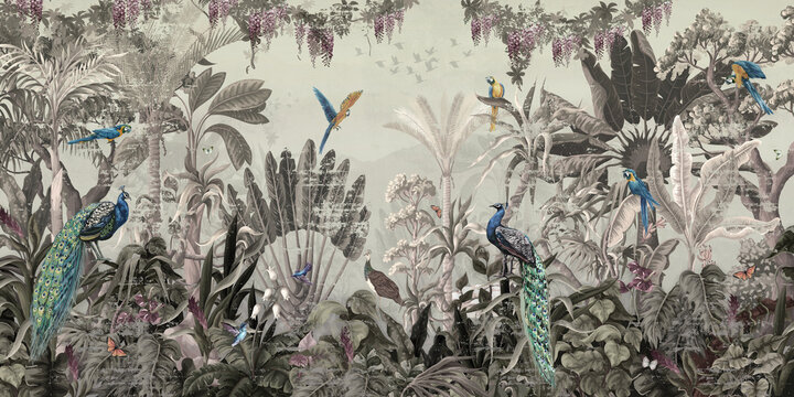 Wallpaper  tropical branches palm tree plants flower and parrot Birds and peacocks in leaves  Painting old with beige background