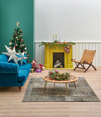 White and green wall new year Christmas style, fireplace interior concept and carpet design, sofa armchair furniture.