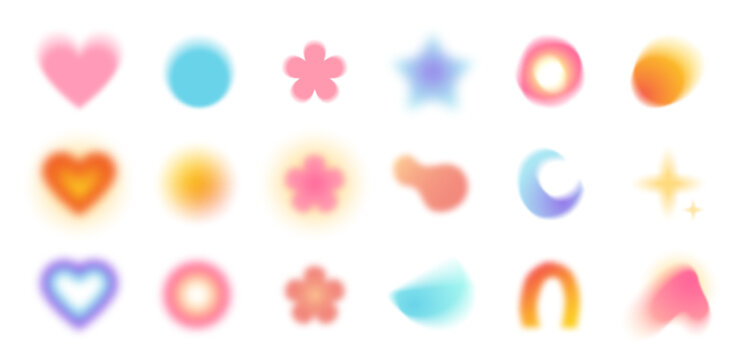 Abstract blurred gradient shapes, blurry flower or heart aura aesthetic elements, colorful soft gradients. Circle, star and moon shape blurs, various geometric forms with blurring effect vector set