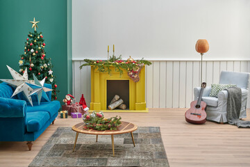 Green and white wall room happy new year concept, Christmas tree accessory gift box carpet design and yellow fireplace style.