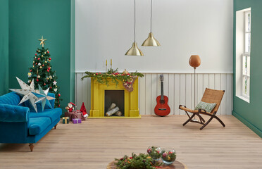 White and green wall new year Christmas style, fireplace interior concept and carpet design, sofa armchair furniture.