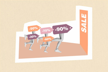 Collage photo placard of abstract legs headless running hurry big last chance sale shopaholic promo...
