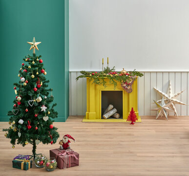 Green and white wall room happy new year concept, Christmas tree accessory gift box carpet design and yellow fireplace style.