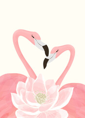 Naklejka premium Couple pink flamingos and a pink lotus. Tropical flamingo art for wedding invitation, birthday, holiday, greeting card.