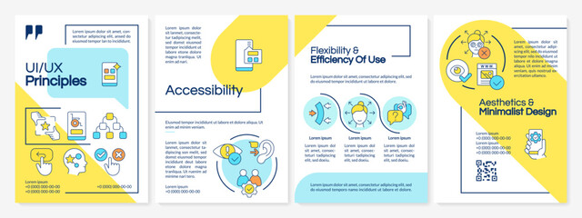 UI UX basics blue and yellow brochure template. User interface. Leaflet design with linear icons. Editable 4 vector layouts for presentation, annual reports. Questrial, Lato Regular fonts used © bsd studio